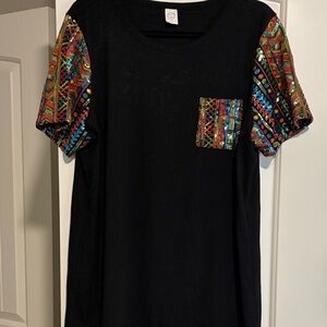 Sunshine and Rodeo Black Top with Multicolor Sequin Sleeves